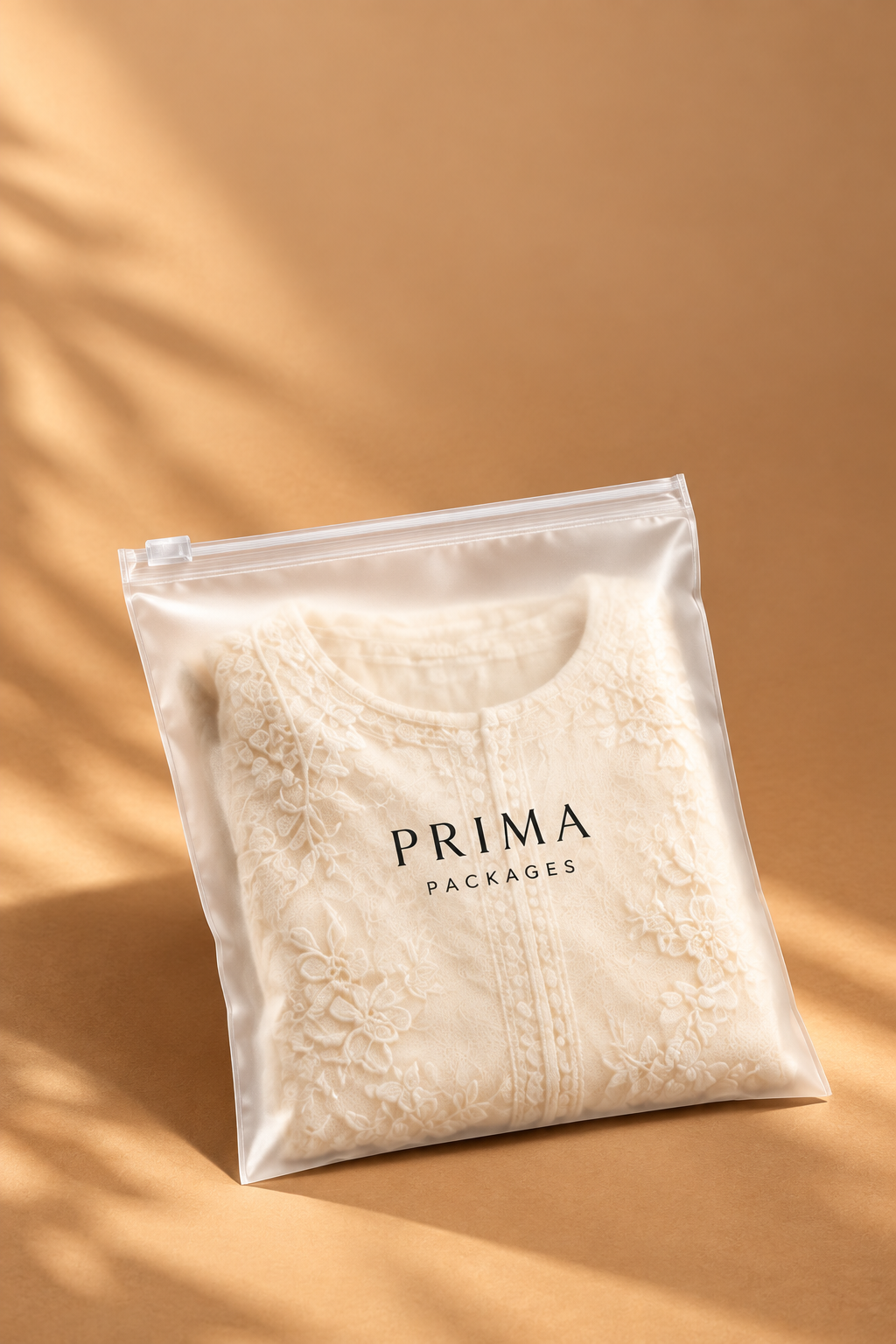 Frosted Prima Packages slider zipper bag with folded clothing